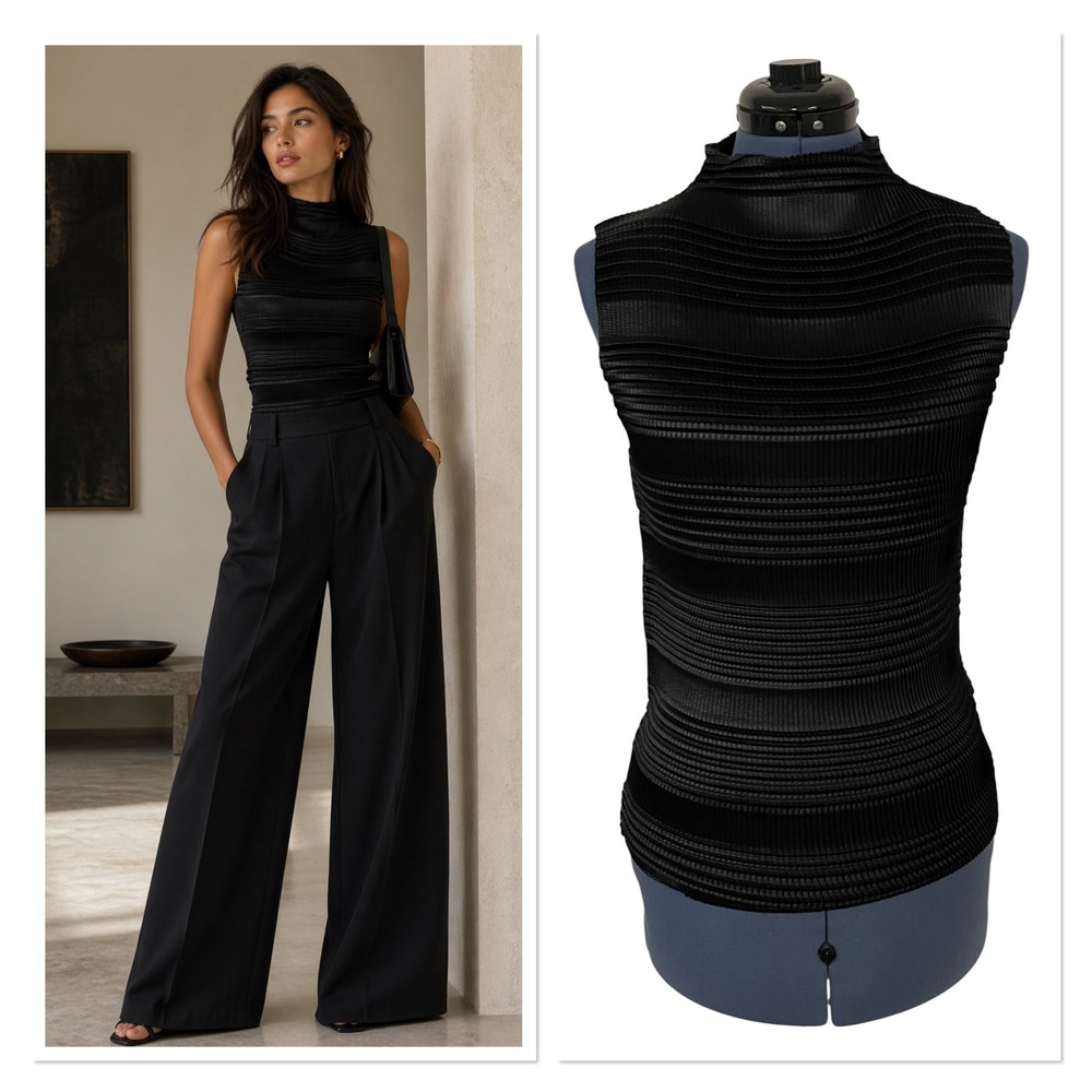 Black Accordion Pleat‎ Mock Neck Sleeveless Slinky Top Minimalist Shell Work XL